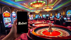 Experience the thrill of gambling with tải app 8xbet displayed on a smartphone amidst vibrant casino elements.