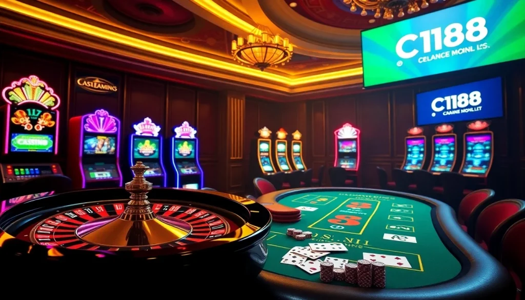 Experience the thrill of C168 with engaging poker chips and a roulette wheel in a luxurious casino.