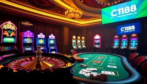 Experience the thrill of C168 with engaging poker chips and a roulette wheel in a luxurious casino.