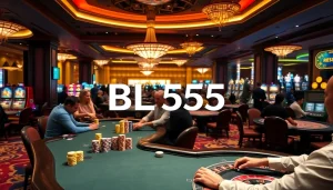 Exciting gameplay at BL555 casino with vibrant tables, cards, and players in action.
