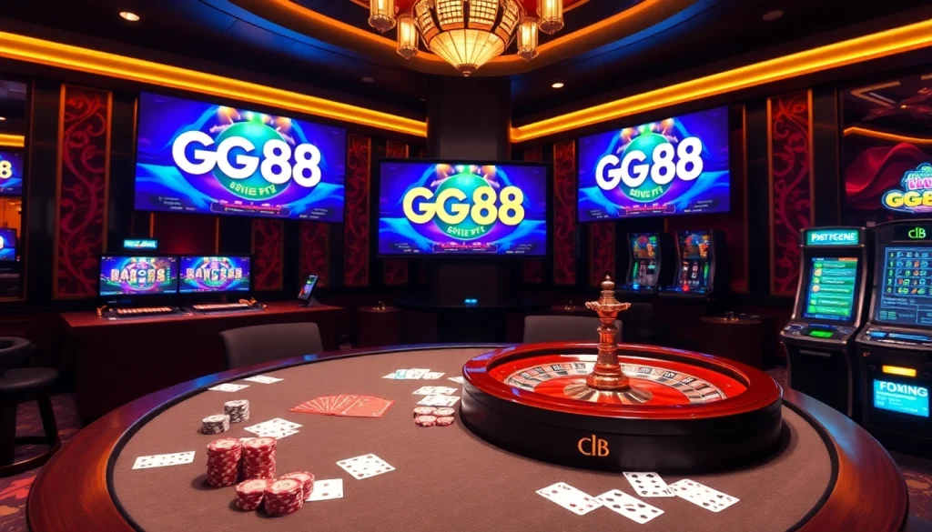 GG88 online casino gaming interface with poker chips and roulette wheels inviting players.