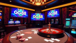 GG88 online casino gaming interface with poker chips and roulette wheels inviting players.