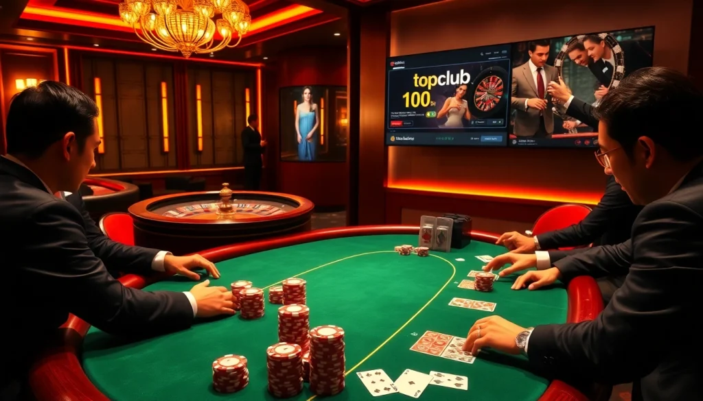 Engaged players at a luxurious poker table showcasing topclub excitement in a vibrant casino atmosphere.