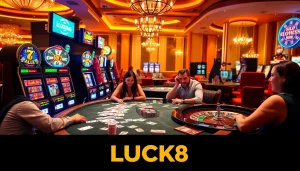 Người chơi đang tận hưởng trải nghiệm casino đầy hồi hộp tại LUCK8 với các chip poker và máy đánh bạc.