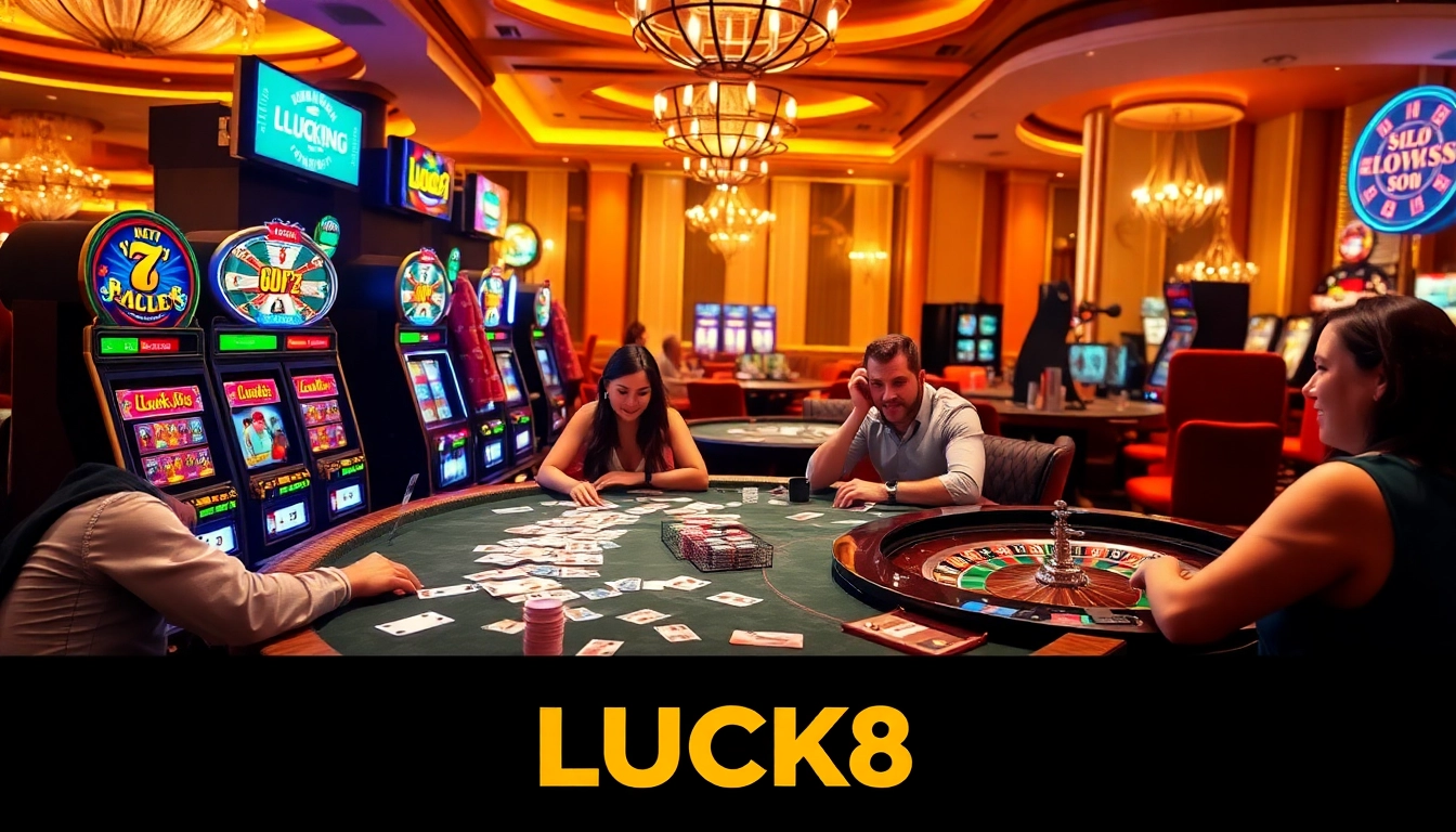 Người chơi đang tận hưởng trải nghiệm casino đầy hồi hộp tại LUCK8 với các chip poker và máy đánh bạc.