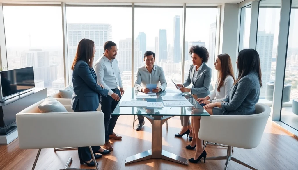 Dynamic business professionals discuss Commercial Real Estate opportunities in a bright, modern office.