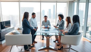 Dynamic business professionals discuss Commercial Real Estate opportunities in a bright, modern office.