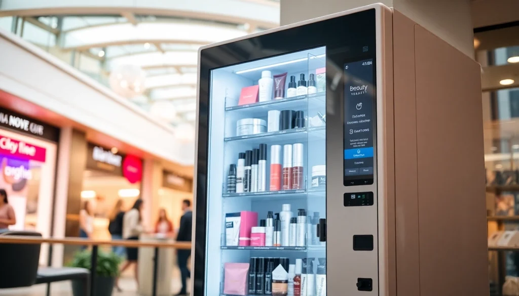 Beauty vending machine showcasing diverse beauty products in a modern urban environment.