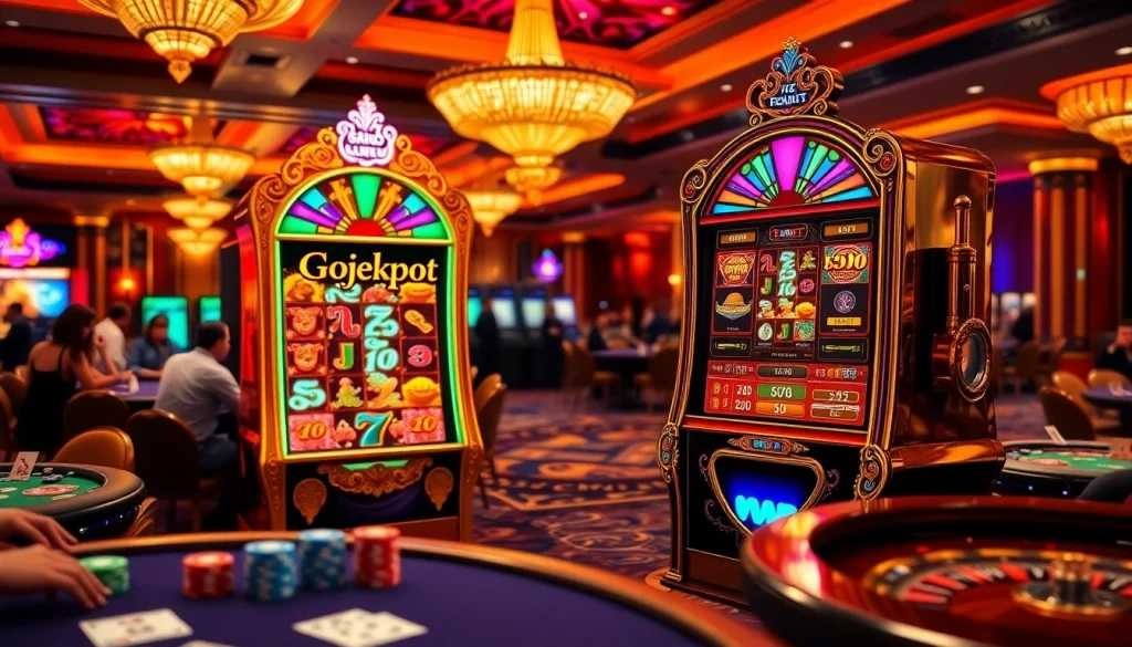 Gambling action at Gojekpot slot machine among players in a luxurious casino.