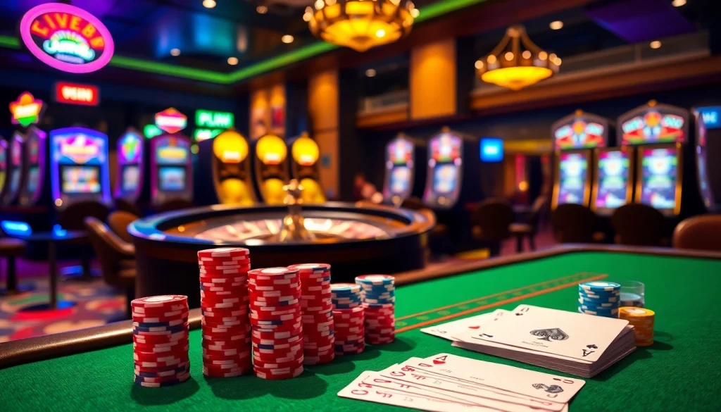 Experience the excitement at nhà cái FIVE88 with vibrant casino tables and colorful poker chips.