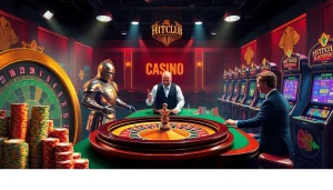 Hitclub casino scene featuring poker chips and roulette wheel, evoking excitement and luxury.