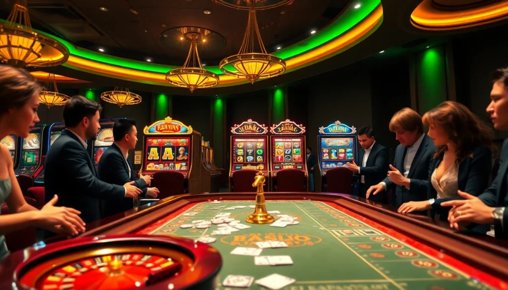 Players joyfully engage with kerajaanslot at vibrant casino tables featuring exciting games.