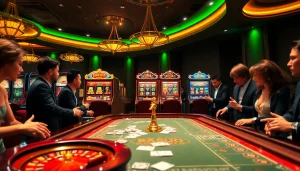 Players joyfully engage with kerajaanslot at vibrant casino tables featuring exciting games.