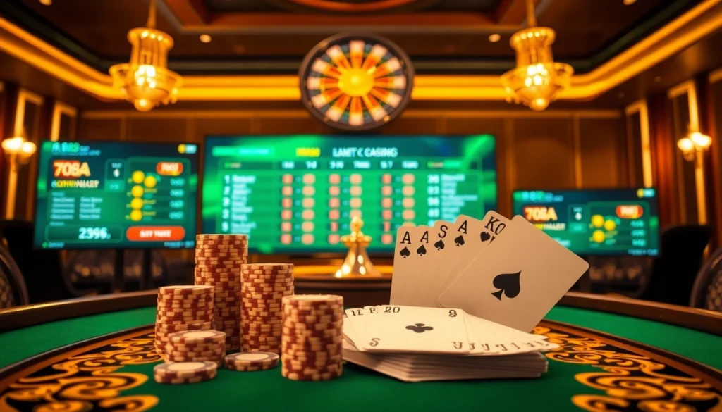 rr88 đăng nhập: A vibrant casino scene with poker chips and roulette for thrilling online gambling.