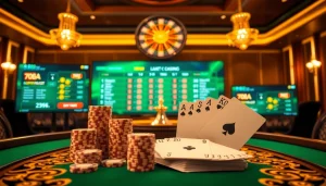 rr88 đăng nhập: A vibrant casino scene with poker chips and roulette for thrilling online gambling.