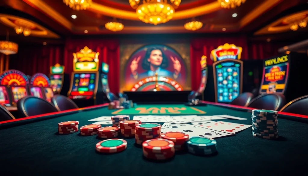 Experience excitement at vn88 with a dynamic casino scene showcasing poker chips and roulette.