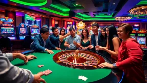 Players joyfully engaging at the xin88 roulette table in a vibrant casino atmosphere.