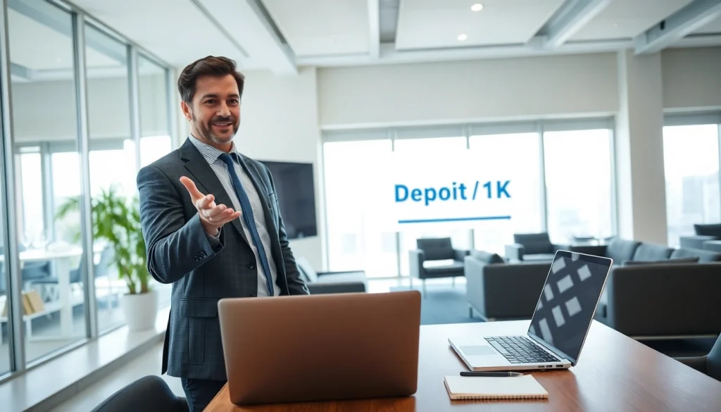 Menginvestasikan deposit 1k secara profesional di ruang kantor modern.