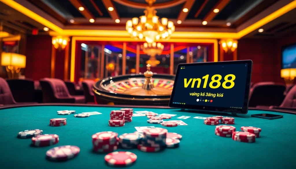 Engaging scene depicting gamblers at a high-stakes table, promoting vn168 đăng ký for a thrilling experience.