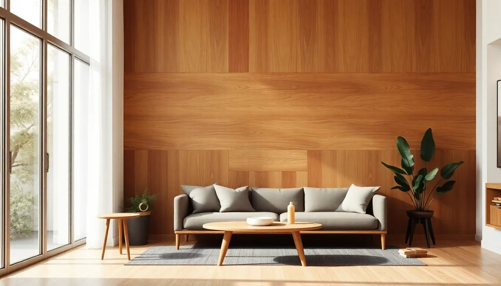 Enhance your space with a rich wood panel accent wall in a modern living room.