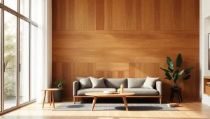 Enhance your space with a rich wood panel accent wall in a modern living room.