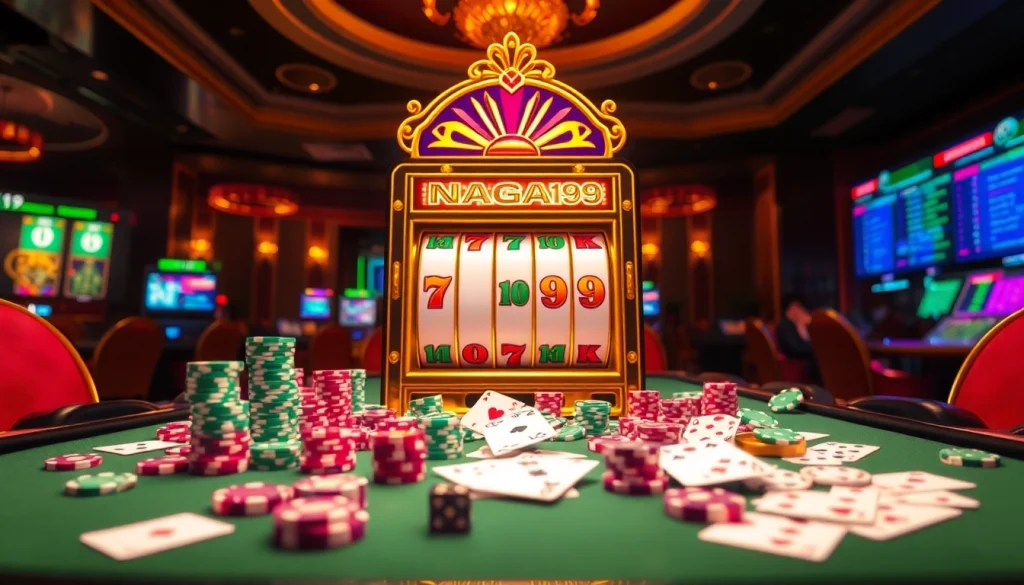 NAGA169 slot machine surrounded by casino chips and cards, depicting an exciting gambling atmosphere.