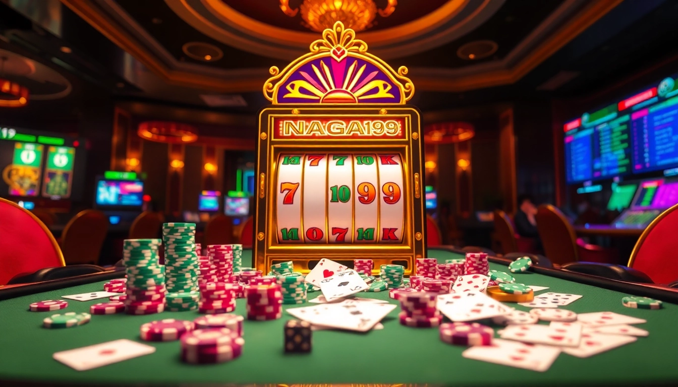 NAGA169 slot machine surrounded by casino chips and cards, depicting an exciting gambling atmosphere.