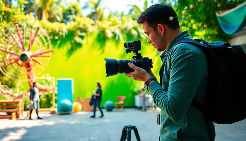Engaging scene from online photography courses with a professional photographer teaching outdoors.