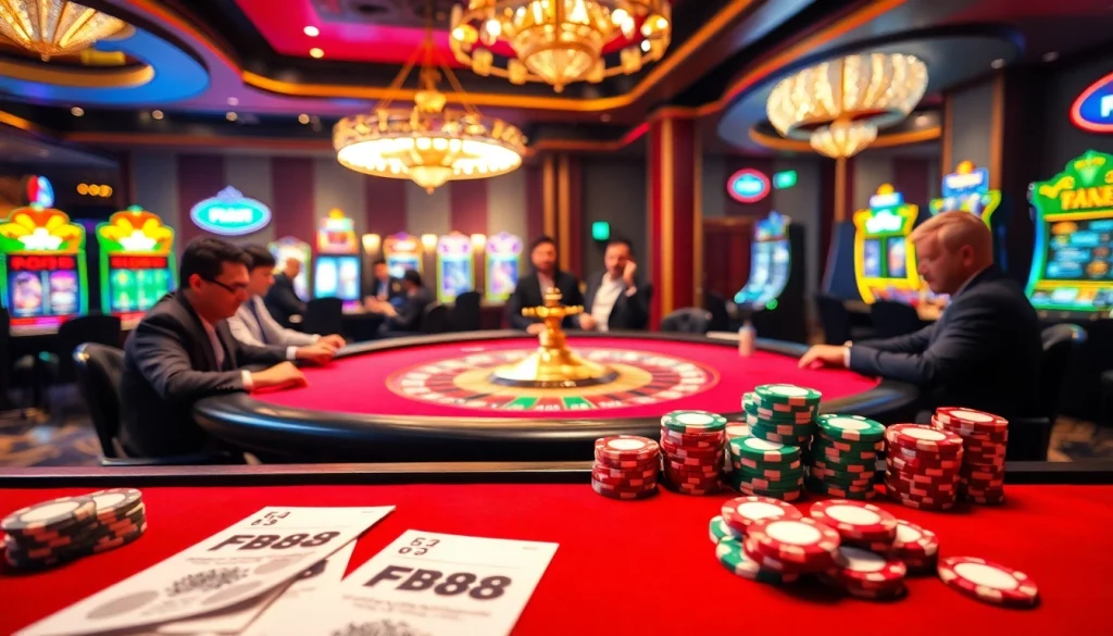 FB88 gambling scene featuring intense poker gameplay and luxurious casino elements.