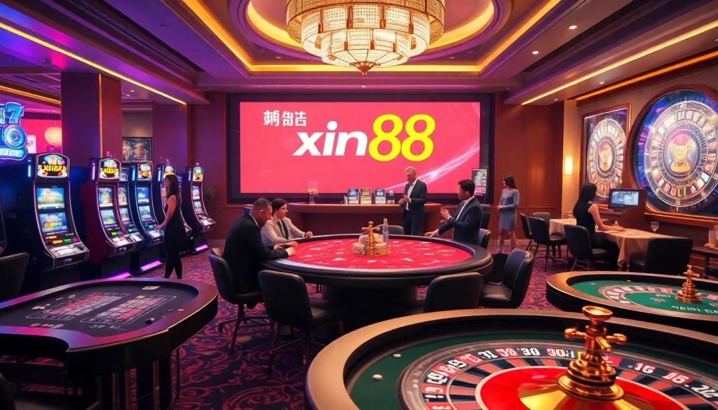 Engaging gamblers with exciting live-action at xin88 casino tables featuring cards and slot machines.