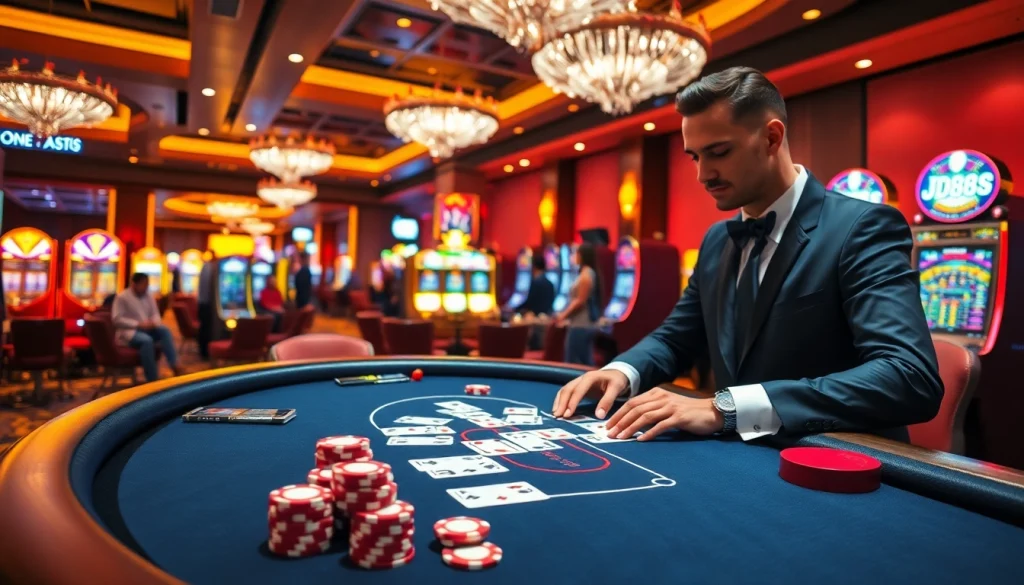 Người chơi ăn mừng chiến thắng lớn tại bàn poker JD88 với những chiếc chip đầy màu sắc và ánh đèn sòng bạc sống động.