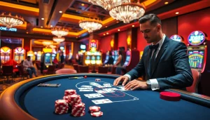 Người chơi ăn mừng chiến thắng lớn tại bàn poker JD88 với những chiếc chip đầy màu sắc và ánh đèn sòng bạc sống động.