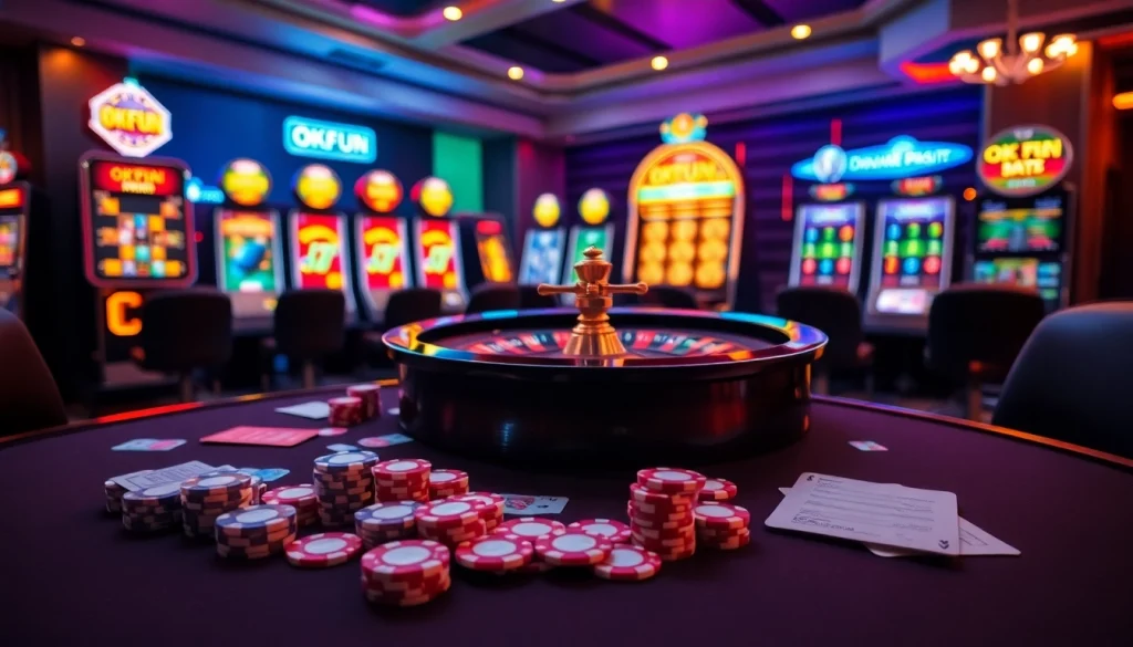 Engage in exciting OKFUN đăng ký action at a luxurious casino table with poker chips and cards.