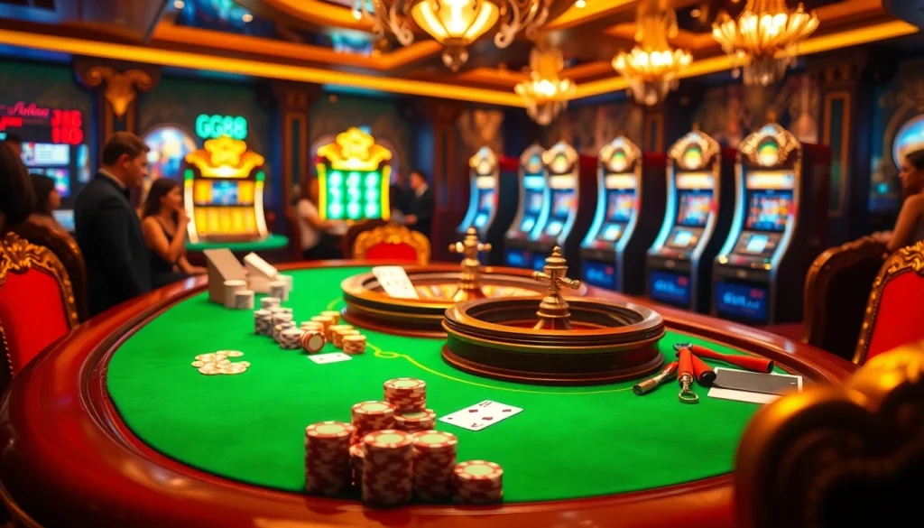 Exciting GG88 casino scene showcasing vibrant poker chips, playing cards, and a roulette wheel.