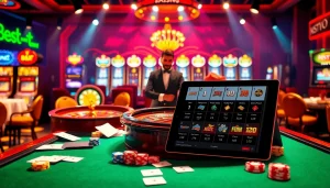 A gamblers' paradise featuring diverse casino tables and the online interface of https://febet8.com, embodying excitement and professionalism.
