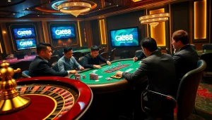 Players engaged in an intense poker game at GK88 Casino, surrounded by vibrant poker chips and cards.