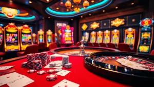 Engage in thrilling casino action at Oxplay with vibrant poker tables and slot machines.