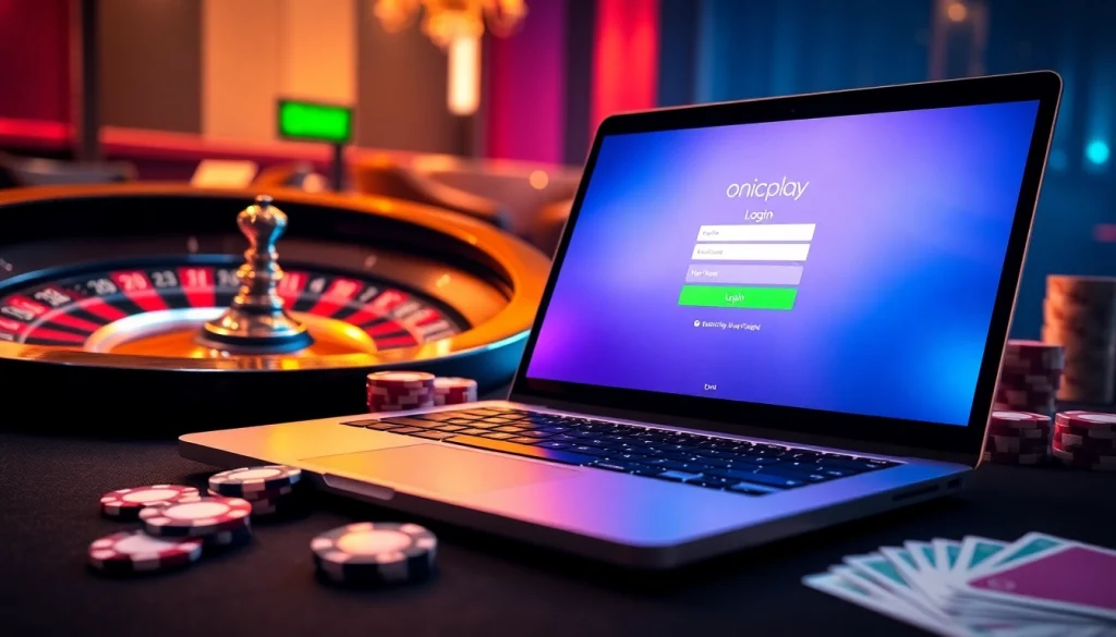 Engaging scene displaying onicplay login on a sleek laptop with poker chips and casino elements.
