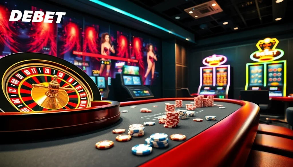 Engaging online casino scene depicting DEBET with vibrant roulette wheel and poker elements.