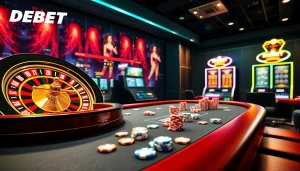 Engaging online casino scene depicting DEBET with vibrant roulette wheel and poker elements.