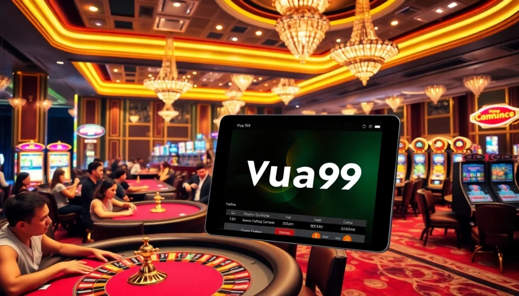 Experience thrilling gameplay with Vua99 at a luxurious casino filled with vibrant tables and slot machines.