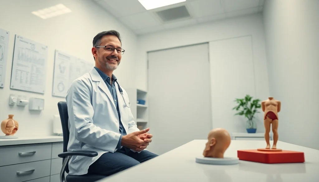 落ち着いた環境で患者を診察する医師がいる専門的な医療クリニックでの包茎手術のおすすめを示す画像。