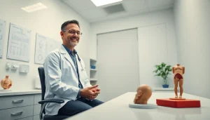 落ち着いた環境で患者を診察する医師がいる専門的な医療クリニックでの包茎手術のおすすめを示す画像。