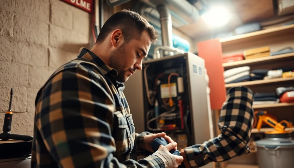 Furnace repair somers ny technician fixing a furnace in a bright basement, showcasing professionalism.