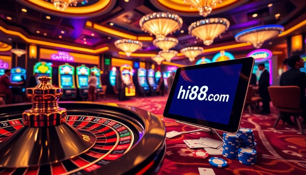 Gamble at hi88c.com with vibrant casino visuals showcasing roulette and poker chips.