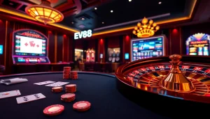 Experience thrilling gameplay at Nhà cái EV88 casino with poker chips and a roulette wheel.