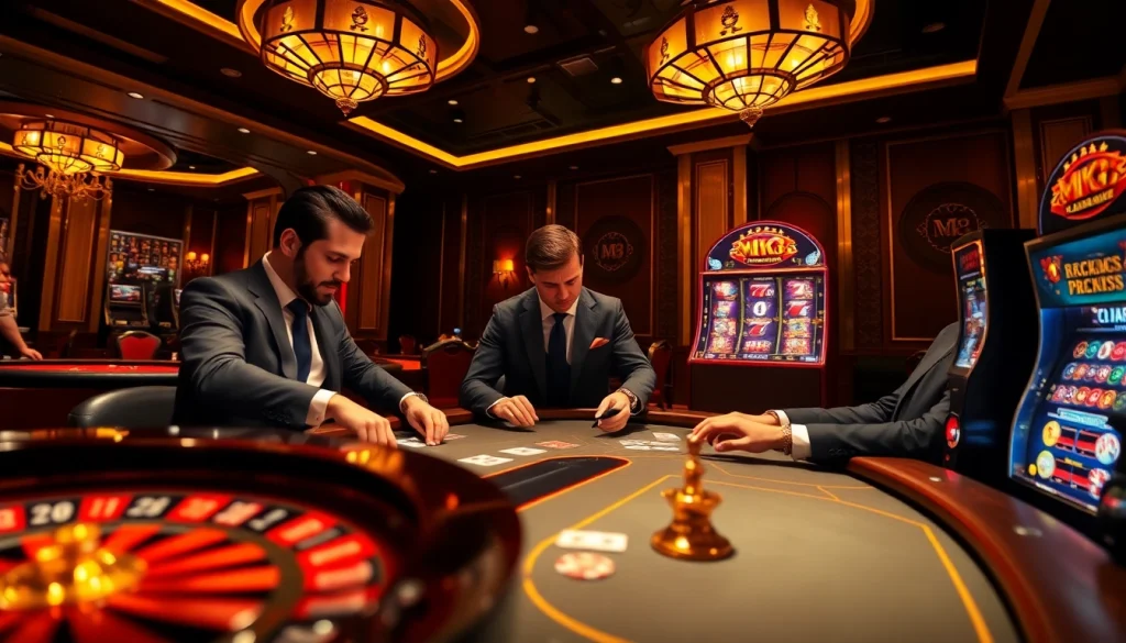 Engaged players strategizing at the MK8 poker table in a luxurious casino setting.