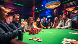 Players engaging in a thrilling poker game at hm88.com casino, showcasing excitement and professional play.