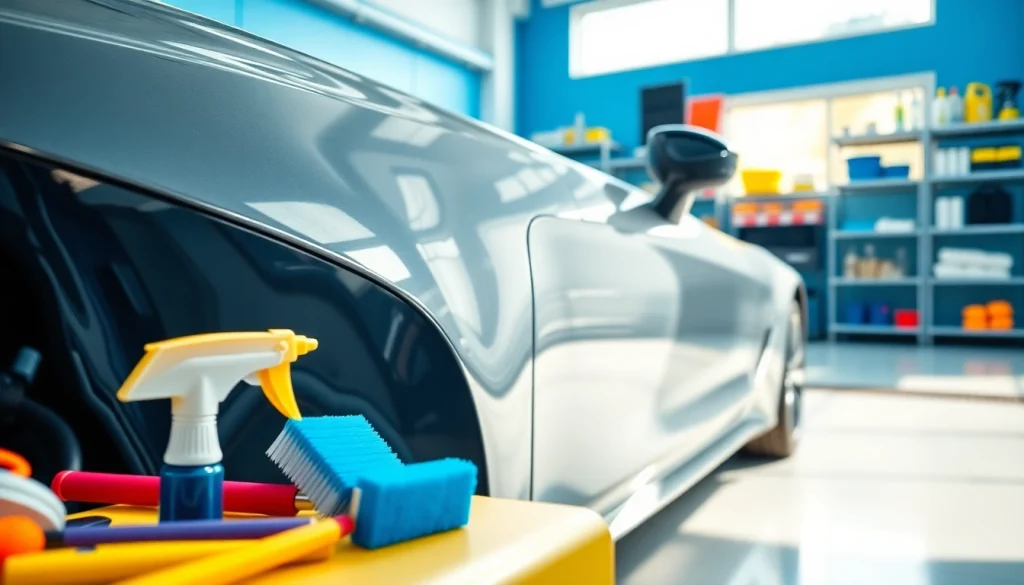 Experience car detailing Chattanooga with expert tools and a gleaming vehicle in a bright garage.