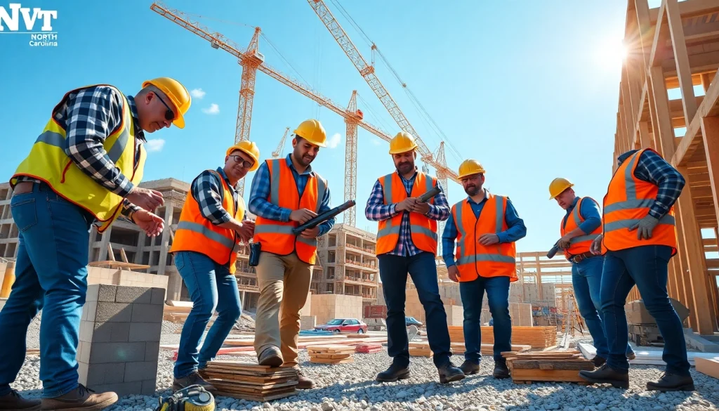 Construction association North Carolina workers collaborating effectively at a building site.